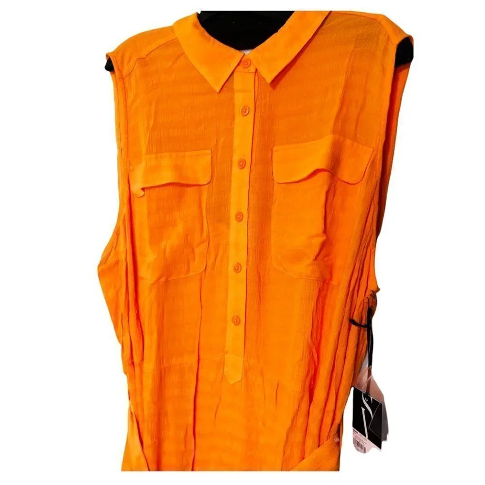 Simply Vera Wang Women Orange Sleeveless Button Front Shirt Midi Dress Sz XL New - Picture 4 of 9